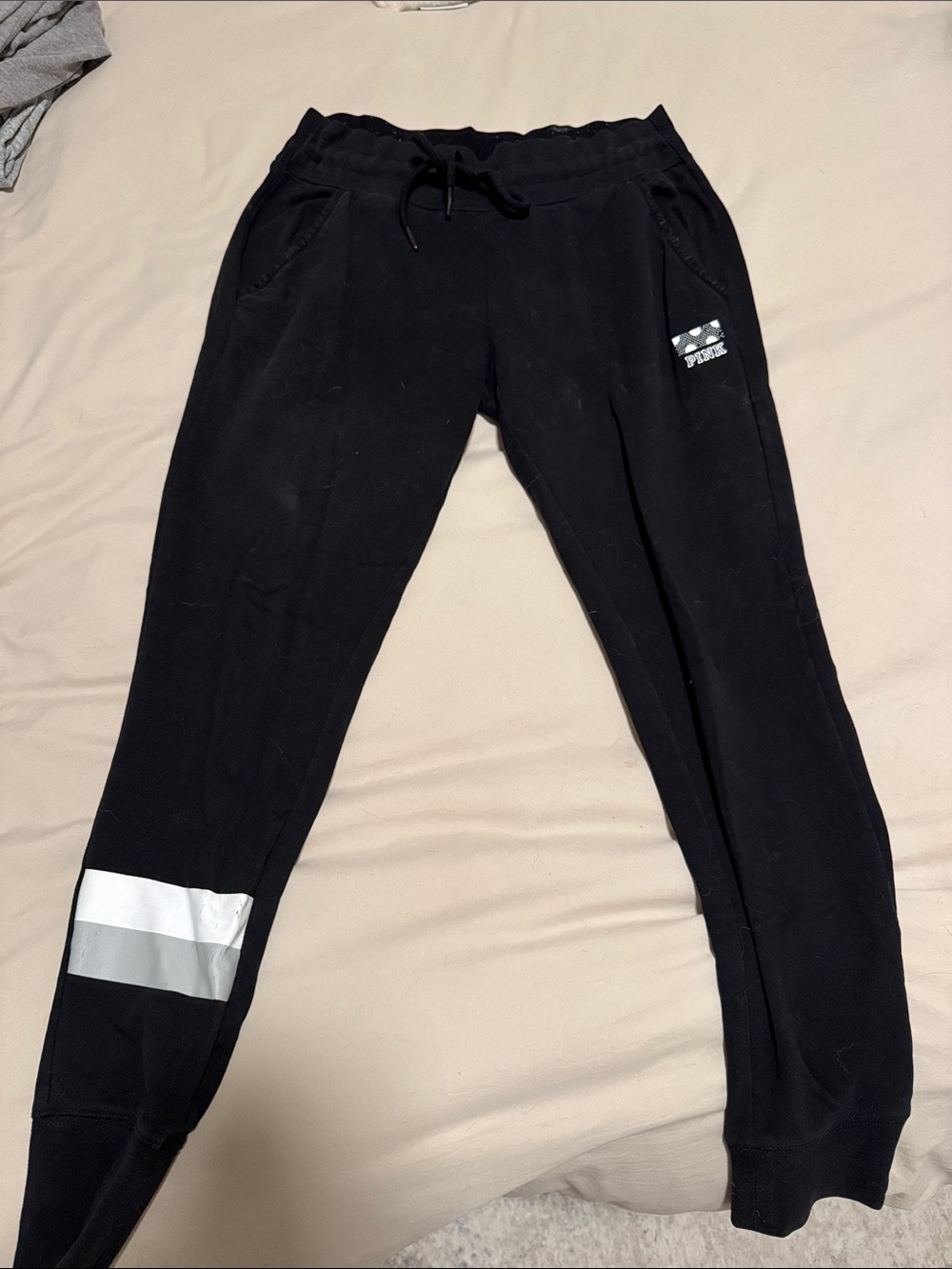 PINK Victoria's Secret Black Jogger Sweatpants with White & Silver Stripes